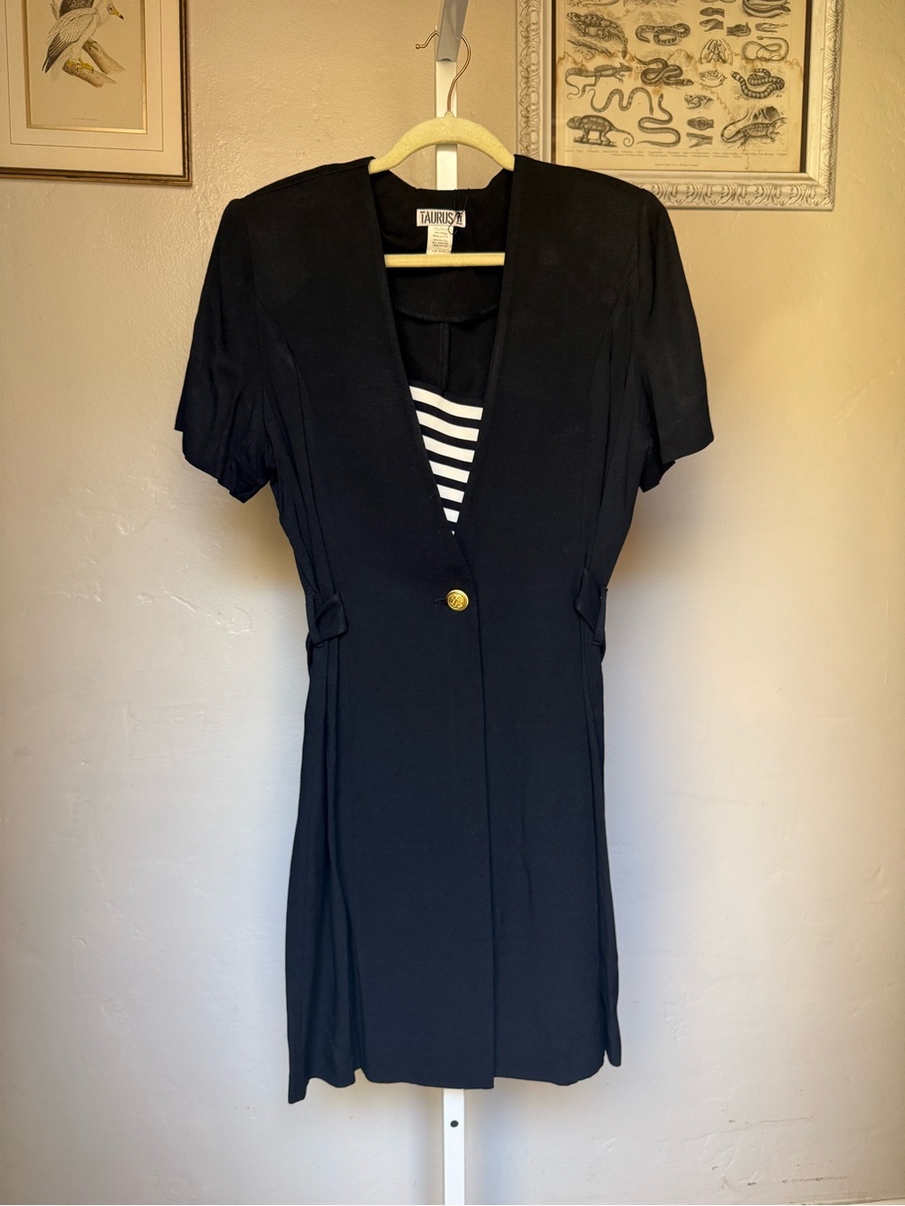 Vintage 80s Black Short Sleeve V-Neck Dress with Striped Bodice USA Made Size 16